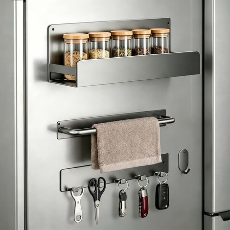 Lot de 4 Ensemble d'Étagères Magnétiques pour Réfrigérateur, Support à Épices + Barre à Serviettes + Crochets, Organisateur de Cuisine sans Percussion (1/5)