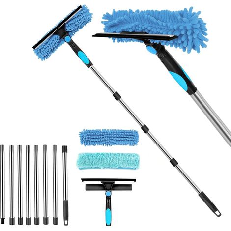 Kit de nettoyage de vitres de 4 m avec manche télescopique, kit de nettoyage de vitres 2 en 1 avec raclette et raclette en microfibre, raclette de fenêtre télescopique pour verre, miroir, voiture