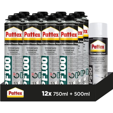 Pattex 100 Espuma de poliuretano universal Pistola12x750ml + Limpiador 500ml