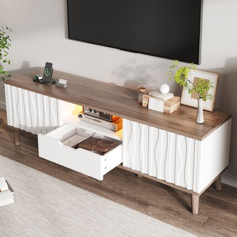 Mobile TV 160x40x52 cm bianco e noce scuro in MDF con LED RGB, ante scorrevoli e passacavi (1/5)