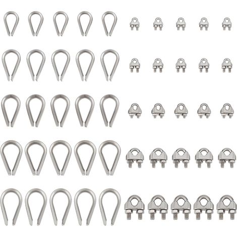 25pcs 5 Tailles Serre Cable Acier M2 M3 M4 M5 M6 Clip de Câble Métallique avec 25pcs de Cosses Fixation de Selle à Boulon en U pour Câbles en Acier de 2–6mm, Gréement Maritime, Clôture (1/5)