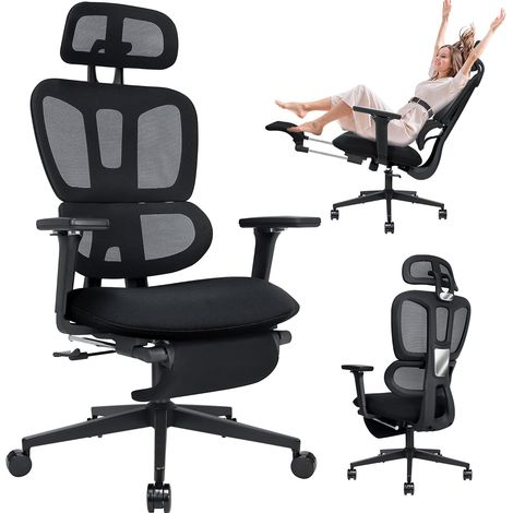 Ergonomischer Netz-Bürostuhl mit ausziehbarer Fußstütze – Computerstuhl mit hoher Rückenlehne, doppelter Rückenlehne, Lendenwirbelstütze, 2D-Kopfstütze, Schaumstoffsitz, Bürostuhl für Erwachsene. (1/4)