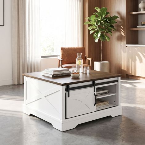 Parrot Uncle White Wooden Coffee Table with Storage, 80cm Square Coffee Table with Lift-Up Top Design, Farmhouse Coffee Table with Sliding Barn Door and Hidden Storage for Living Room (1/5)