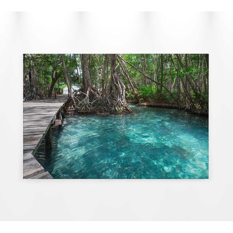 Tableau jungle & eau turquoise | Tableau sur toile forêt tropical vert & turquoise pour salon | Tableau tropical pour chambre 0,9 x 0,6 m (1/5)