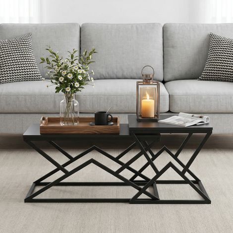 Table basse en panneau de bois et fer noir 80 cm, rectangulaire, design géométrique industriel (1/5)