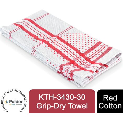 Polder Grip-Dry Dish Towel with Rubber Dots for Secure Drying & Hand Pockets Red