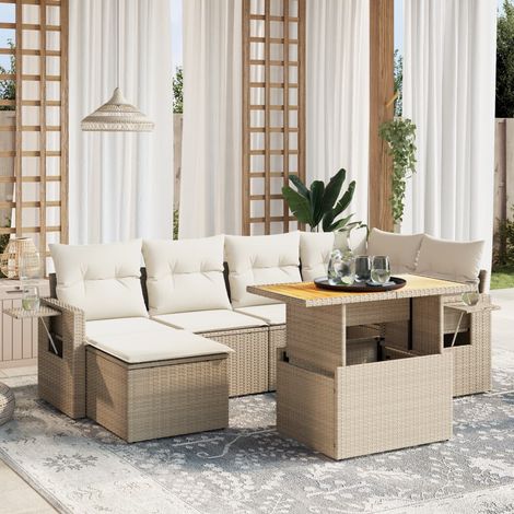 vidaXL Salon de jardin avec coussins 7 pcs beige résine tressée (1/3)