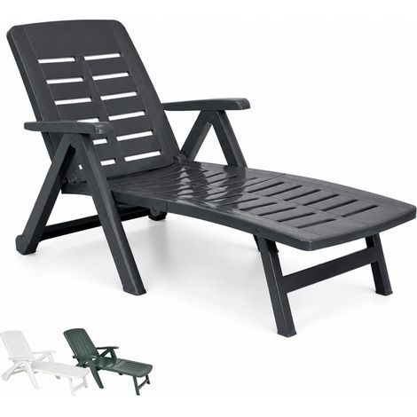 Lettino prendisole da giardino in plastica resistente con ruote – Misura 189x72x96 cm – Ideali per l’esterno, con schienale reclinabile e regolabile - Colore Antracite (1/5)
