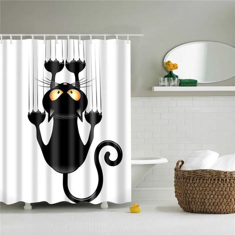 Rideau de douche amusant avec crochets, imperméable, motif chat et chien 3D, 300 x 180 cm, style créatif et original.