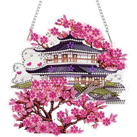 Pendentif peinture diamant 5D Fleur de cerisier tableau de fenêtre kit de bricolage avec chaîne
