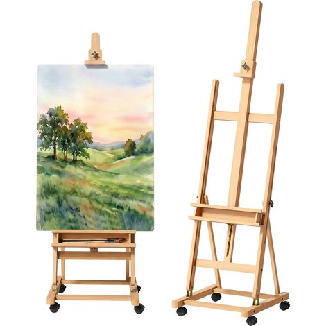 Chevalet de peinture pliant en bois de 238 cm avec roulettes, hauteur réglable, plateau naturel (1/5)