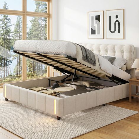 Bett mit Stauraum, Stauraumbett 140x190 mit Lattenrost, LED mit Bewegungssensor, Doppelbett Wolken-Kopfteil gepolstert, Samt, moderner Skandi-Stil(140x190cm, Beige)