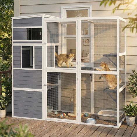 Enclos extérieur en bois pour chats avec 3 plateformes, toit résistant aux intempéries, gris (1/5)
