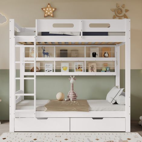 Lit superposé 90x200 cm, lit enfant avec barrière de sécurité, 2 tiroirs, étagère ouverte, échelle 5 marches, sans matelas, blanc