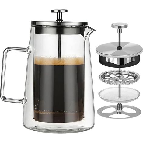 Presse à café French Press 1 litre en verre avec filtre durable, acier inoxydable, design à double paroi, lavable au lave-vaisselle, résistant à la chaleur, café et (1/5)