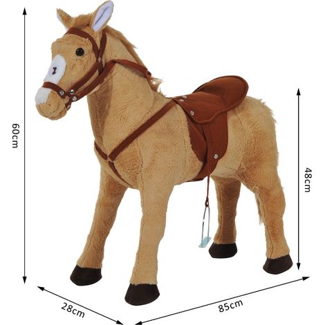 Cheval à bascule en peluche avec sons, 85 x 28 x 60 cm, beige, parfait pour enfants, jouet d'équitation et balancement. (1/5)