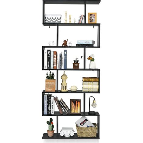 GOPLUS Bibliotheque, Etagere de Rangement a 6 Niveaux en Forme S de Style Industriel avec Dispositif Anti-Basculement, Meuble de Rangement Polyvalent en Bois pour Salon Chambre Bureau Cuisine (Noir) (1/5)