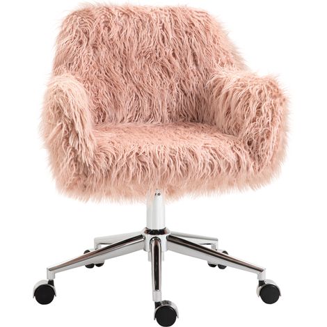 Chaise de bureau ergonomique rose en fausse fourrure avec pied métal argenté, réglable en hauteur (1/5)