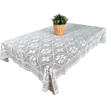Gehäkelte Tischdecke in Weiß und Beige, 110 x 160 cm, Tischdecke aus weißem Naturgarn (1/5)