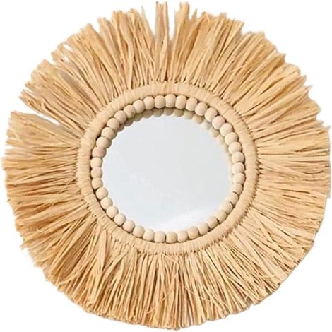 Miroir mural suspendu avec corde, paille, perles de bois marocaines et ornement en acrylique pour coiffeuse, chambre, salon, cuisine, entrée (1/5)