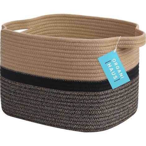 Panier Rangement Bébé, Panier Rangement Salle de Bain, Panier en Corde de Coton pour Decoration Chambre Bebe, Panier de Rangement pour Livres et Jouets 35x23, Noire/Miel (1/5)