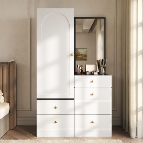 Schminktisch mit 1 Tür, 4 Schubladen und Spiegel, Ausziehhocker, für Schlafzimmer, MDF, Schwarz und Weiß, 90×50,5×160 cm (1/5)