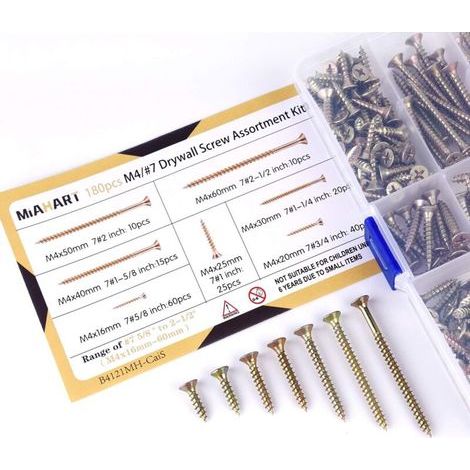 180 vis autoforeuses galvanisées M4 à pointe fine pour plaques de plâtre, cloison sèche, meubles en bois – Anticorrosion, fixation rapide et durable, pour bricolage et professionnels (1/4)