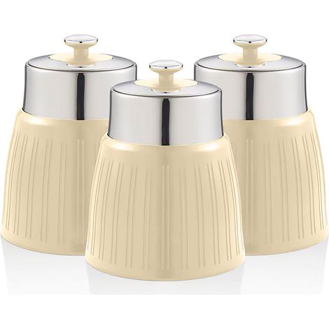 SWAN SWKA1024CN Set 3 Botes Cocina Almacenaje 1,2 L, Plástico y Acero Inox, Especias, Té ,Café, Retro, Vintage  Crema