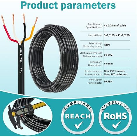 Trailer Cable 4 Wires 0.75mm², 4 Pin Copper Trailer Lights Cable 10 m, 12 V/24 V Round Vehicle Cable for Trailers, Trucks, Campers, Motorhomes, Flexible PVC (1/5)