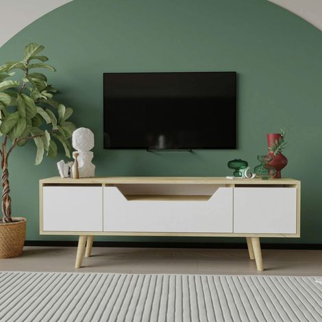 Meuble TV moderne 3 portes blanches cadre clair 150 cm MARFA