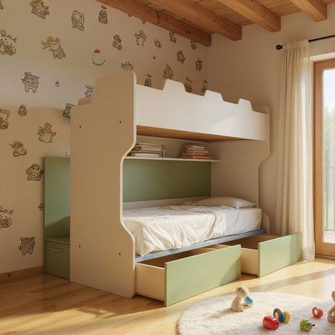 Letto a castello con scala contenitore e terzo letto estraibile - Cameretta salvaspazio - Bianco e Salvia