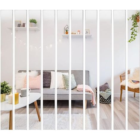 Juego de 10 espejos de pared autoadhesivos largos - 20 x 5 cm - Espejo decorativo con diseño de rayas para dormitorio, sala de estar, puerta (1/4)