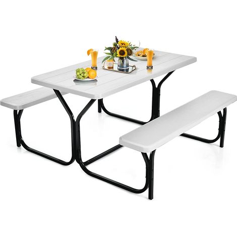 COSTWAY Set de Mesa y Banco Picnic, Conjunto de Mueble para Exterior con Estructura Metálica y Superficie Resistente a Todo Clima, Juego de Mesa para Patio (Blanco) (1/5)