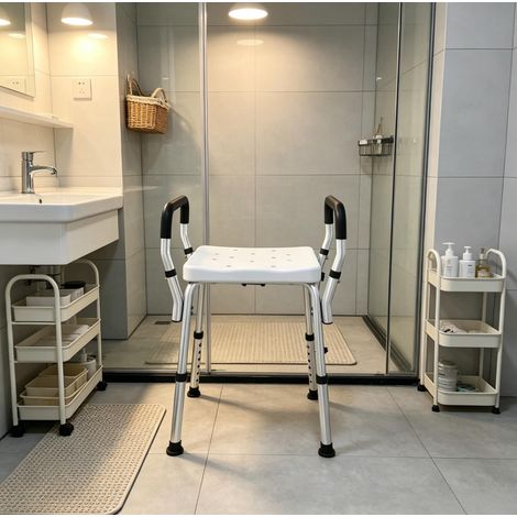 Chaise de douche réglable en hauteur 57-69 cm, siège EVA/HDPE avec accoudoirs, cadre en aluminium, pieds antidérapants, charge recommandée 150 kg – CHICFURN (1/5)