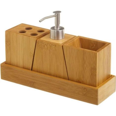 Set Bambou Salle de Bain Distributeur Savon, Porte Brosse à Dents, Gobelet Rangement (1/4)