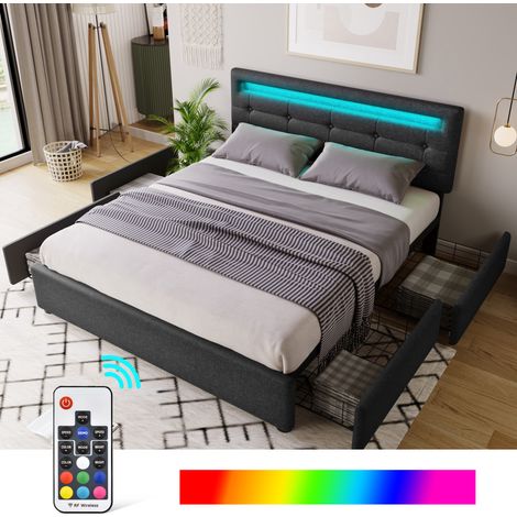 Polsterbett 140/200 cm schwarz aus Leinen mit LED-Kopfteil und 4 Schubladen (1/5)