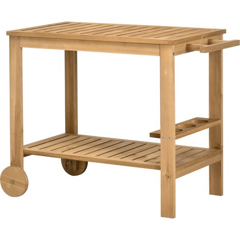 Outsunny Carrello da Giardino in Legno di Abete a 2 Ripiani e 3 Portabottiglie