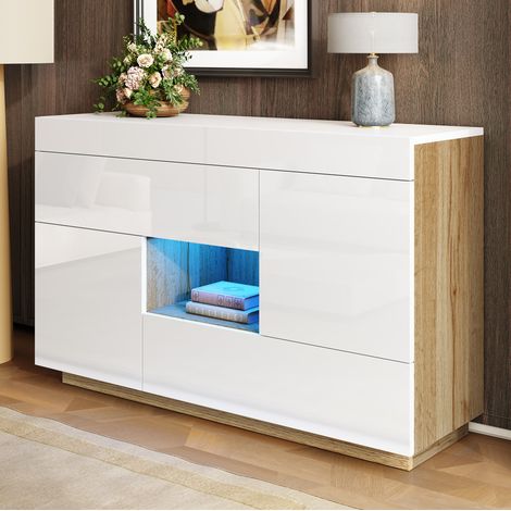 Madia credenza lucida con LED e 2 cassetti OKMYHOME (1/5)