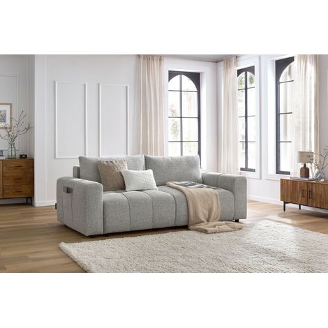 Bobochic – Canapé droit convertible coffre 3 places – Tissu chiné gris clair – Longueur 248 cm – Largeur de couchage 190 cm – Garnissage mousse HD (1/5)