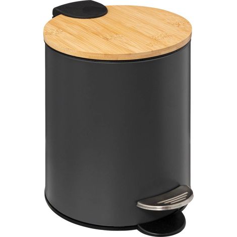 5Five Simply Smart – Poubelle de salle de bain 3L en métal gris avec couvercle en bambou – Mécanisme à pédale silencieux – Poignée pour transport facile