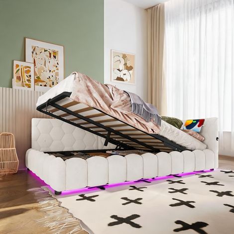 Cadre de lit coloris blanc en velours 213,5 x 152 x 73 cm (1/5)