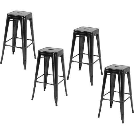 Tabourets de bar métal empilables noirs, lot de 4, intérieur extérieur