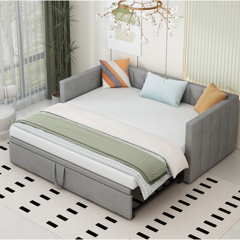 Divano letto estensibile 90/180 x 200 cm con rete, velluto grigio DESVIAE (1/5)