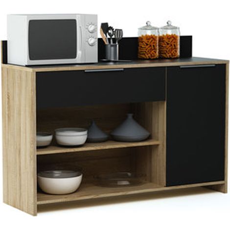 Pegane – Desserte de cuisine en bois chêne brut et noir – 1 porte, 1 tiroir, 2 niches – Dimensions L123 x H85 x P40 cm – Gain de place optimal