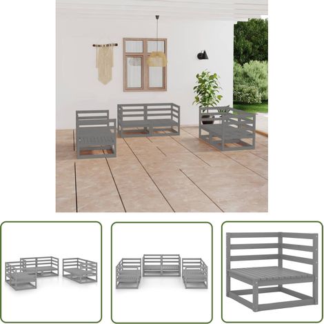 The Living Store 6-tlg. Garten-Lounge-Set Grau Massivholz Kiefer - Gartensitzgruppe - Loungesessel - Gartenmöbel Set - Rattan Möbel - Holz Gartenmöbel (1/5)