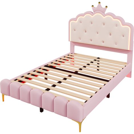Lit rembourré princesse 140 x 200 cm avec sommier à lattes, éclairage LED, PU rose (1/5)