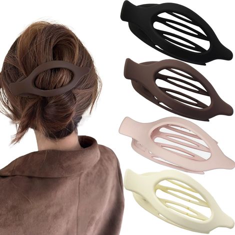 Lot de 4 pinces à cheveux plates ovales pour cheveux épais, fins et fins pour femmes et filles, antidérapantes, solides, accessoires de griffes françaises mates, noir, marron, kaki, beige (1/5)