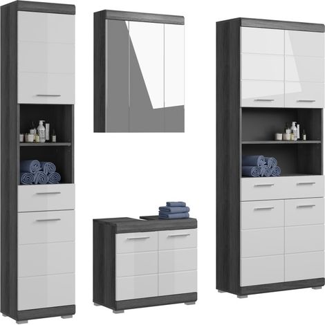 Set bagno SCOTT – Mobile sottolavabo, colonna, specchiera e mobile contenitore – Grigio scuro e bianco (1/5)