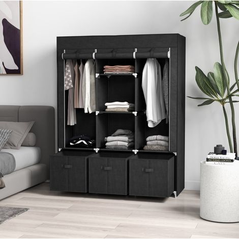 Armadio in tessuto 125x43x162.5 cm, con 2 aste appendiabiti, 5 ripiani, 3 cassetti, acciaio nero (1/5)