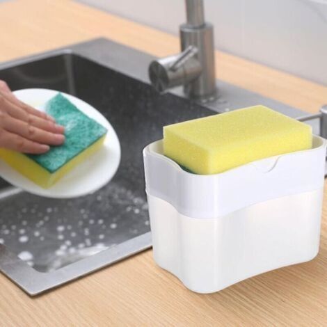 Distributeur de Savon à Vaisselle - Distributeur de Liquide Vaisselle 2 en 1 pour Cuisine - Organisateur de comptoir de Distributeur de Savon à Vaisselle pour évier de Cuisine (Blanc)